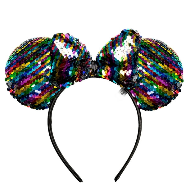 Neuf Minnie Mouse Oreilles Bandeau Shimmer Noir Big Multi Couleurs Rainbow Sequin Bow